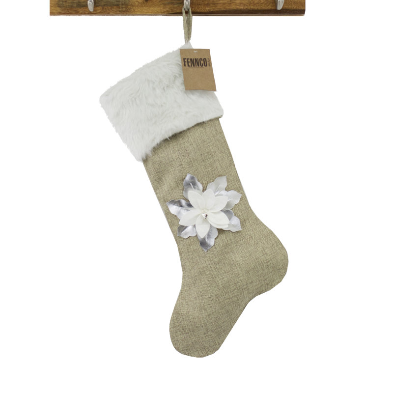 Chaussette de Noël 3D poinsettia, Naturel / blanc / argent