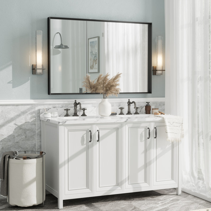 Aevar Tempered Glass and Aluminum Alloy Framed French Cleat Mounted Wall Mirror with 5-Year Warranty, 48" x 32", Matte Black