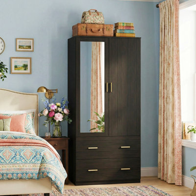 Armoire 2 portes avec 2 tiroirs et miroir à vêtements