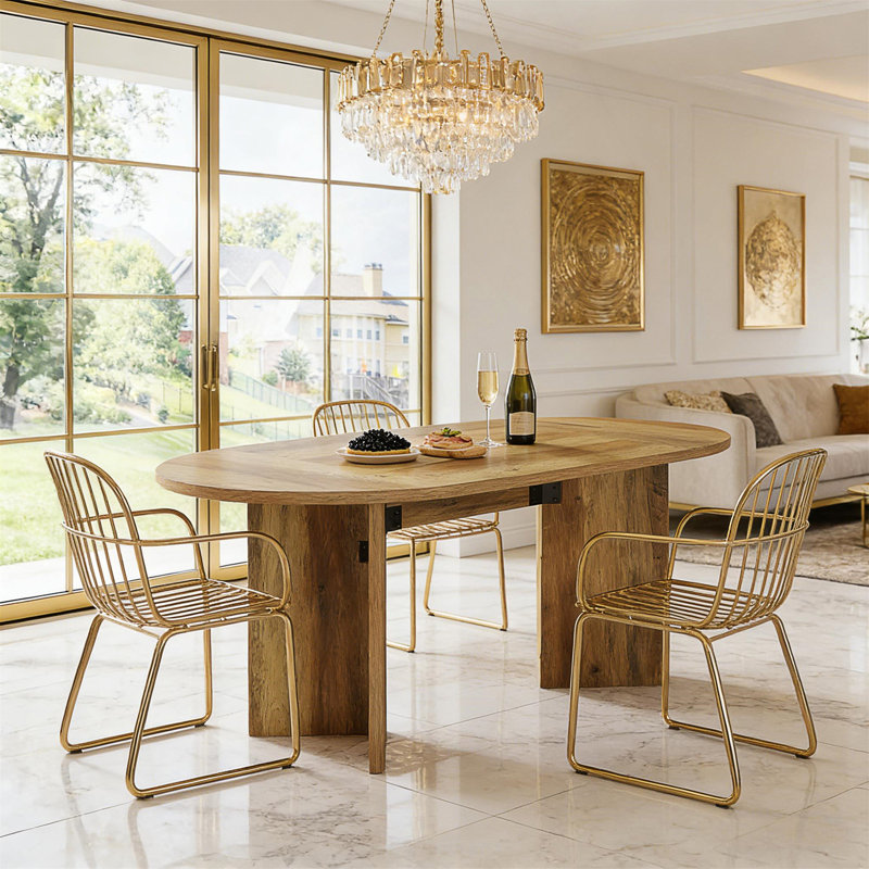 Table de salle à manger spacieuse ovale avec panneau de fibres à densité moyenne durable et base en métal robuste