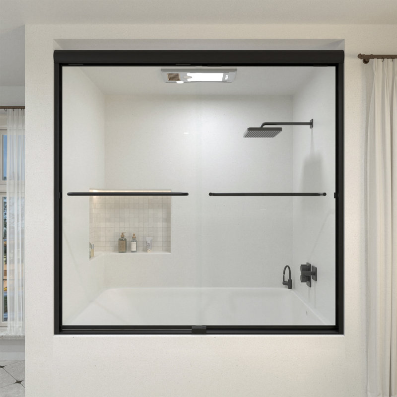 Linear 60 In. W X 56 In. H Sliding Framed Bath Tub Door And Transparent Glass in Matte Black, Matte Black