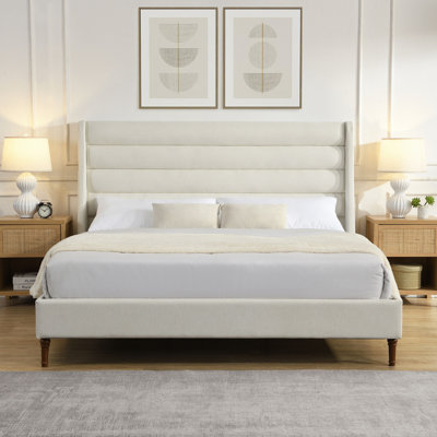 Lit plateforme tapissier avec tête de lit haute et tête de lit ondulée, tissu chenille de qualité supérieure, lit plateforme minimaliste moderne sans sommier, assemblage facile