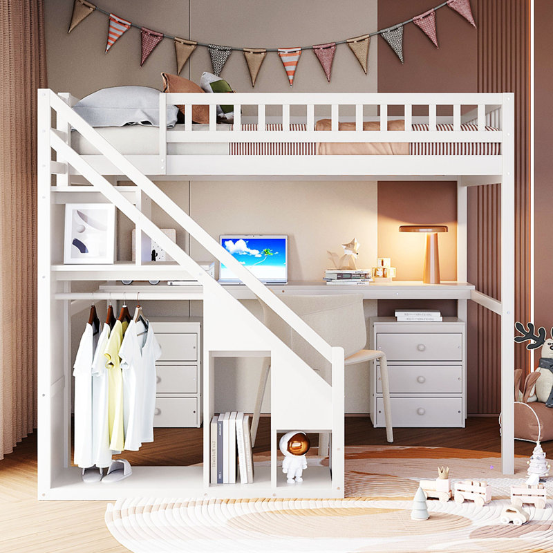 Lit mezzanine double avec commode, bureau et bande lumineuse, Double, Blanc