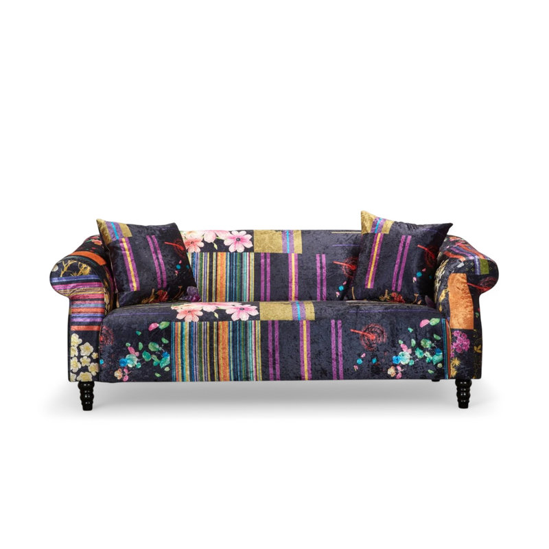 Forsyth 3 Seater Crushed Velvet Patchwork Sofa, Black, 3