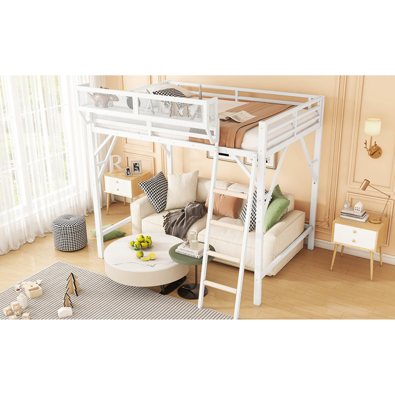 Lit mezzanine haut pour, grand lit en métal avec et tablettes supérieures, capacité de 400 lb, 54,3 pouces sous l'espace, 13 garde-corps, rangement blanc pour adolescents, surface, blanc, charge