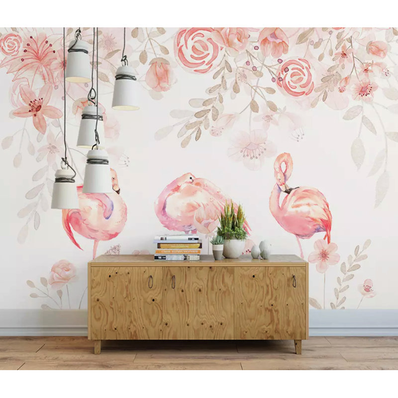 Papier peint amovible floral rose flamant rose et jardin de roses, L 9 po x l 15 po