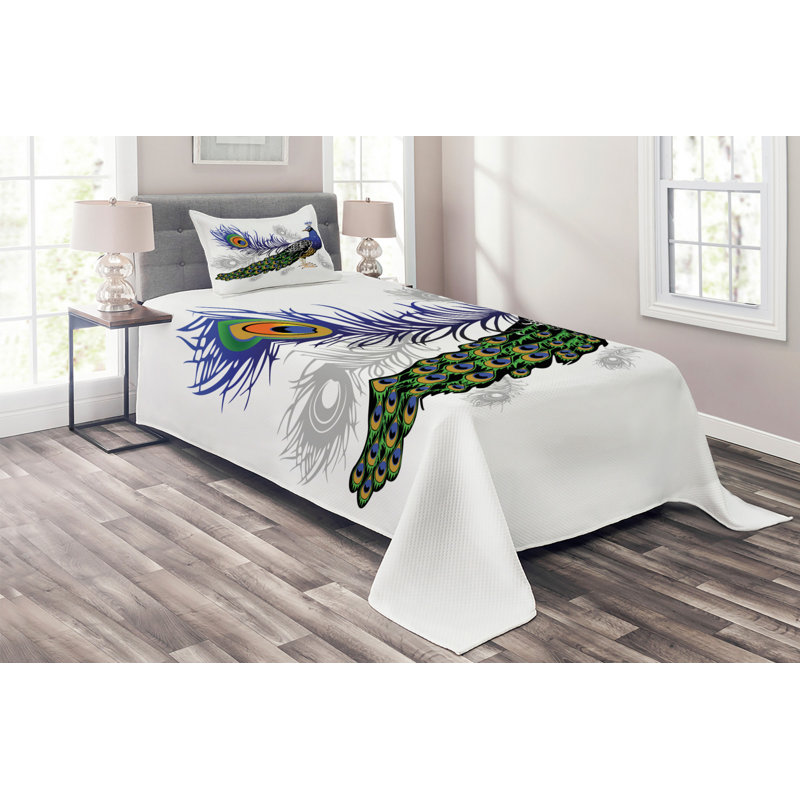 White Twin Quilted Bedspread Set with Peacock Design