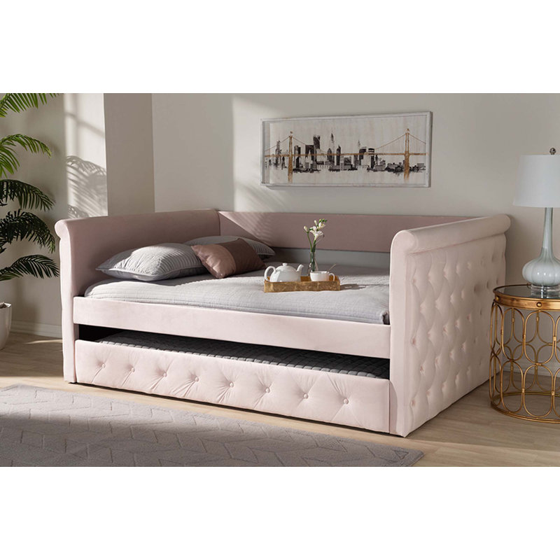 Samitha Upholstered Daybed, Queen, Light Pink Velvet