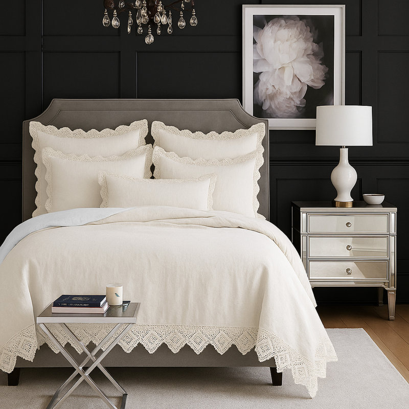 Ensemble de housse de couette en coton ivoire Elsie Lace 6 pièces, Housse de couette double + 5 pièces supplémentai