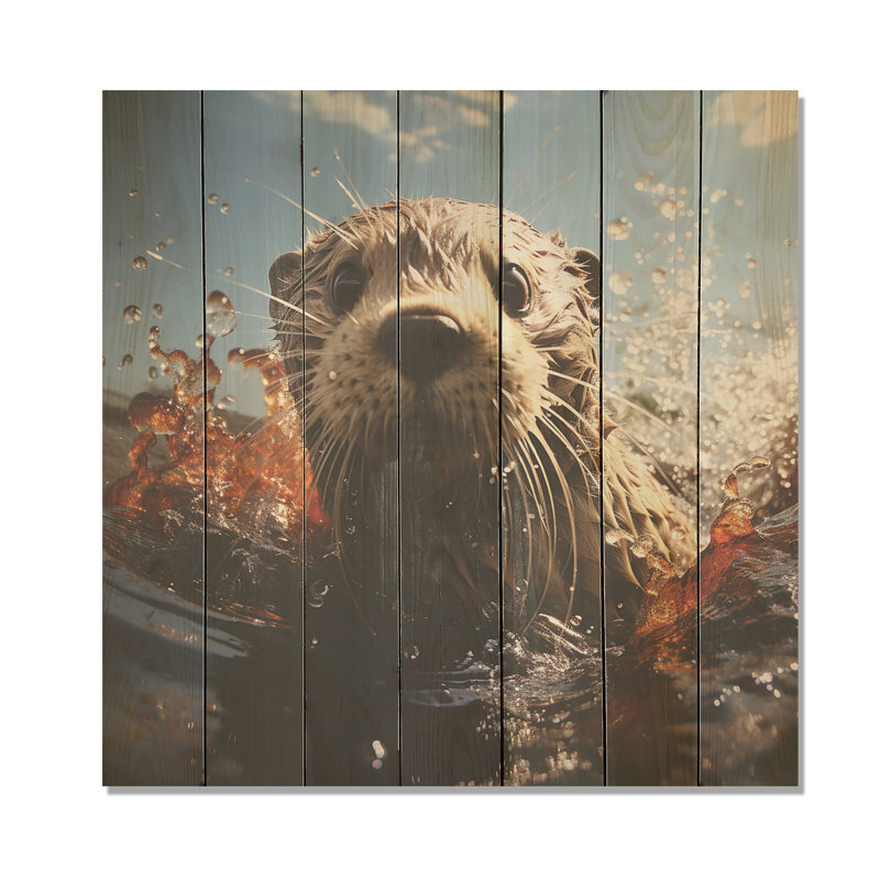 Swimming Adventure Portrait Of An Otter - Otter On Wood Print, 36" H x 36" W