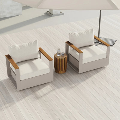 Ensemble de 2 chaises pivotantes d'extérieur avec coussin et structure en teck blanc chaud et aluminium
