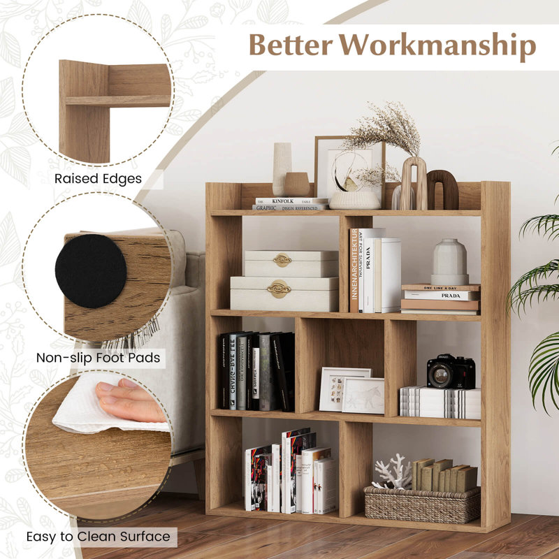 1 Pcs 7-cube Bookcase 3-tier Open Storage Shelf With Anti-tipping Kits For Living Room , Natural