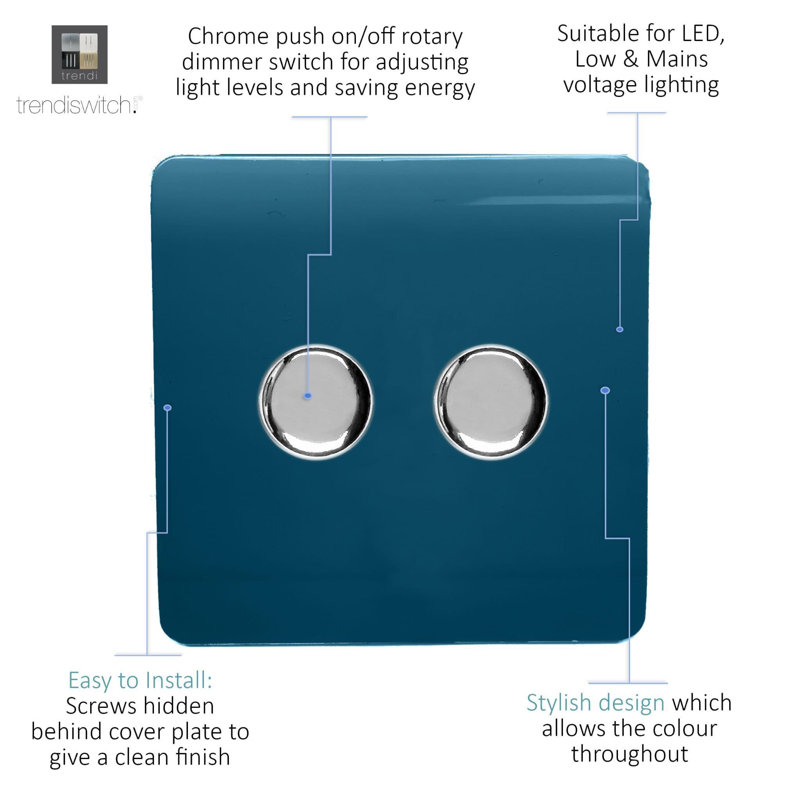 Trendi Switch 2 Gang 1 or 2 way 100w Rotary LED Dimmer Light Switch, Midnight Blue
