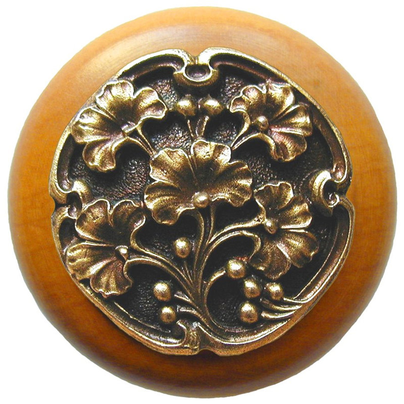 Leaves Mushroom Knob, Antique Brass / Maple Wood