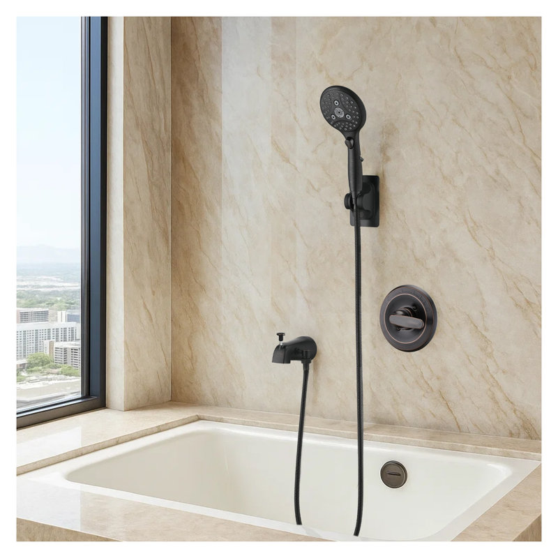 Oil Rubbed Bronze Tub Spout with 6-Setting Handheld Shower, Lift-Up Diverter and Stainless Steel Construction - No-Drill Installation