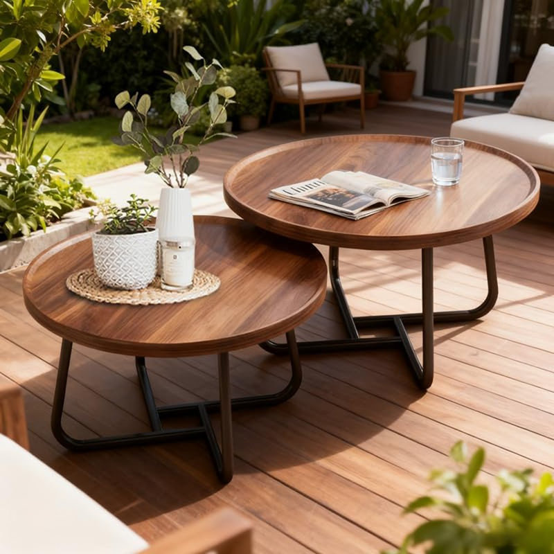 Ensemble de 2 tables basses rondes gigognes de style Mid-Century cannelé pour salon, chambre, balcon, noyer