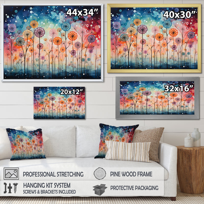 Blue Dandelion Floral Symphony II - Floral Wall Decor, H 16 po x l 32 po x P 1 po, Cadre photo blanc