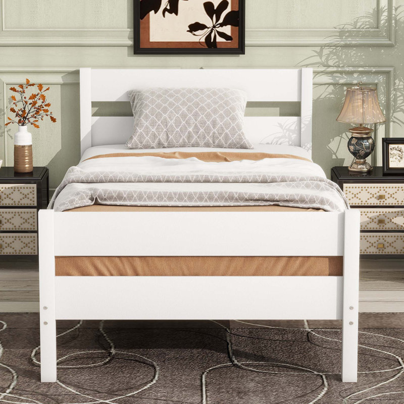 Lit simple avec tête et pied de lit, lit en bois d'hévéa, Blanc