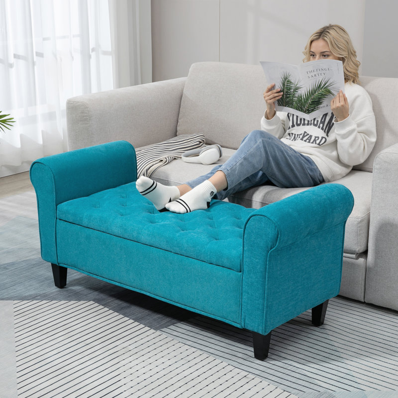 Repose-pieds 50 po, banc de chambre avec pieds en bois, bleu sarcelle, Sarcelle