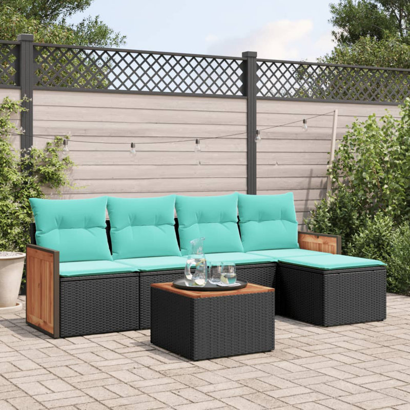  Ensemble de canapé de patio 6 pièces avec coussins en rotin de polyester noir