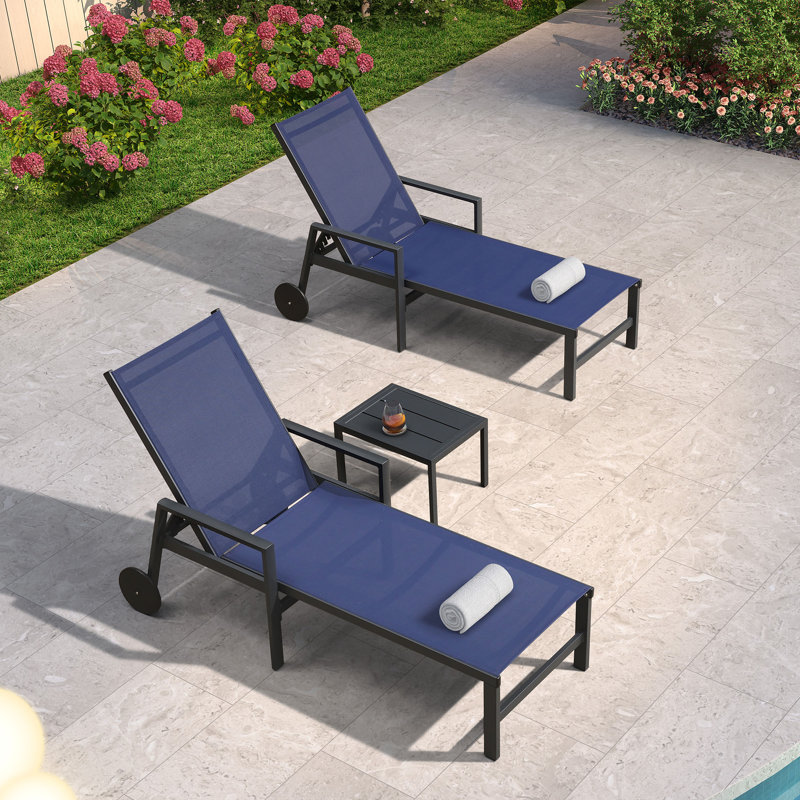PURPLE LEAF 2 Pieces Outdoor Chaise Lounge Aluminum Patio Lounge Chair with Wheels and Armrests Outdoor Lounge Recliner Chair for Pool Backyard Beach Navy Blue