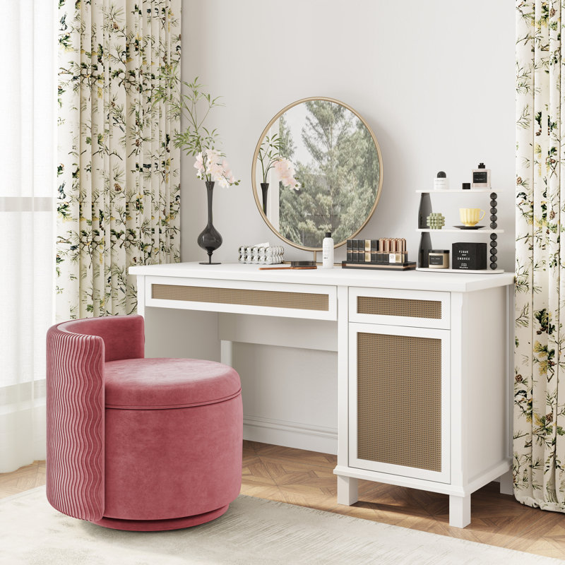 360° Swivel Accent Chair With Storage, Vanity Stool With Back, Velvet Storage Ottoman, Upholstered Round Barrel Vanity Chair For Living Room, Makeup Room, Bedroom