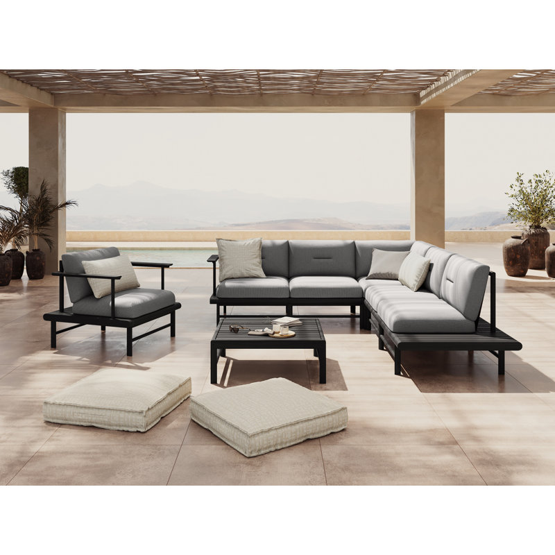 245cm Wide Metal Patio Sectional with Cushions, Light Grey
