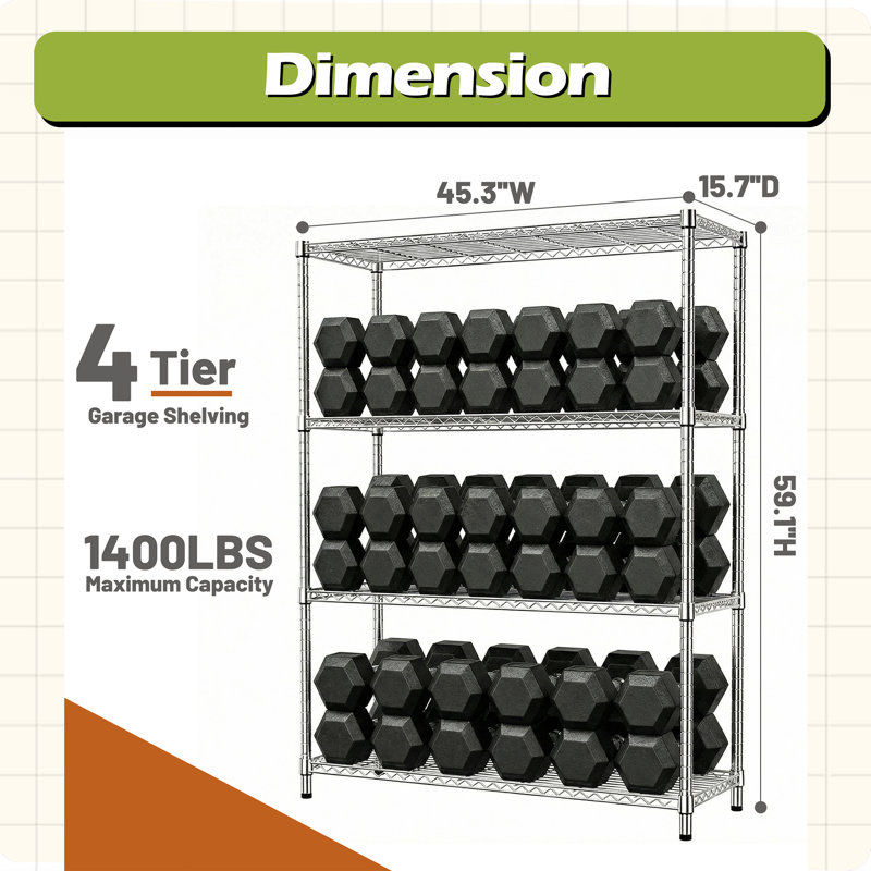 1400 lb 4 tablettes de rangement, étagères grillagées en métal robuste