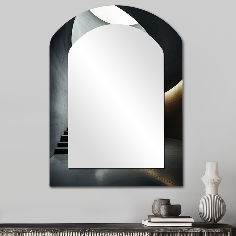Lapish Grey Concrete Canvas Subtle II - Tunnels Asymmetrical Decorative Wall Mirror, Industrial Arch Mirror, Printed Metal Art
