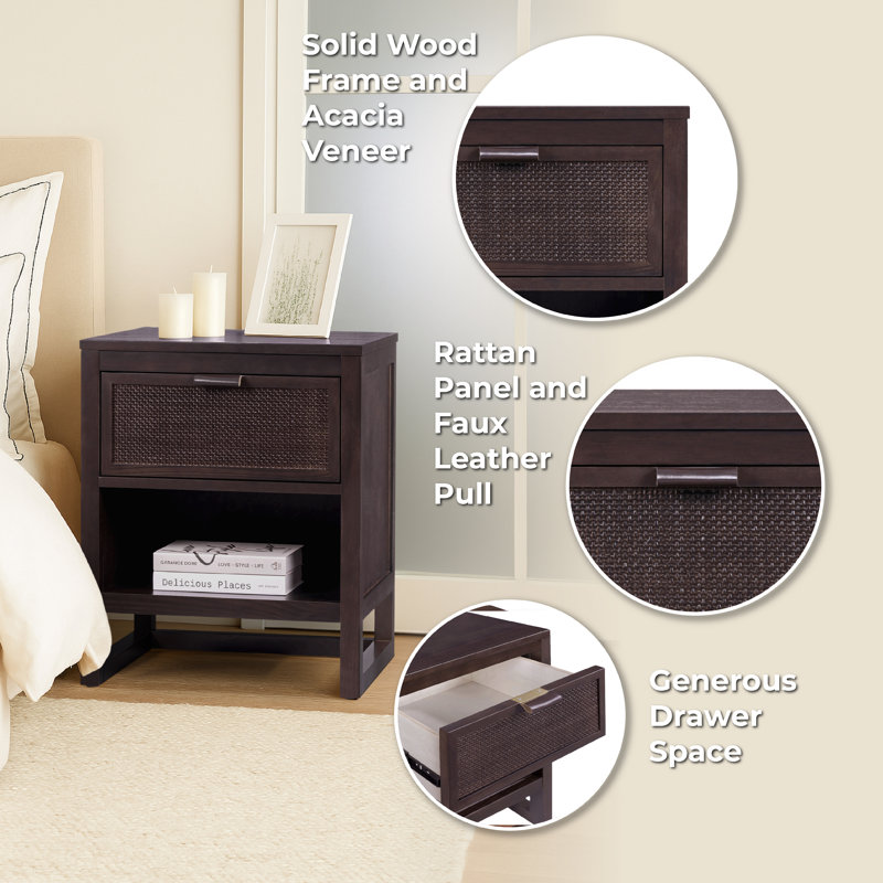 Ameer Nightstand with 1 Deep Drawer and Open Shelf Storage, Espresso