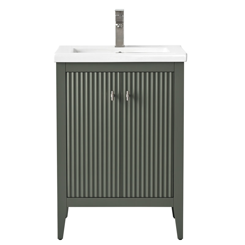 Ensemble de meuble-lavabo sur pied lavabo simple 24 po avec plateau en céramique blanche, Nickel brossé, Linéaire vert rétro