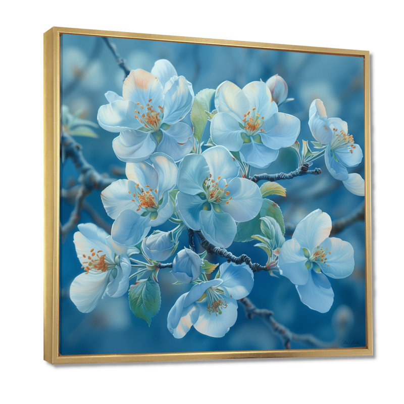 «Blue Apple Blossom Spring Breeze II», art mural fleur de pommier, Cadre flottant doré, H 30 po x l 30 po