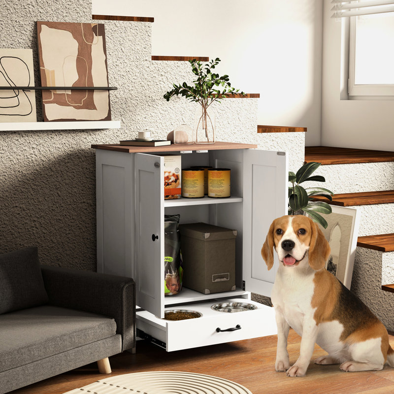 Armoire à nourriture moyenne pour chien avec bols cachés, panneau réglable, crochets, ustensiles dissimulés blanc