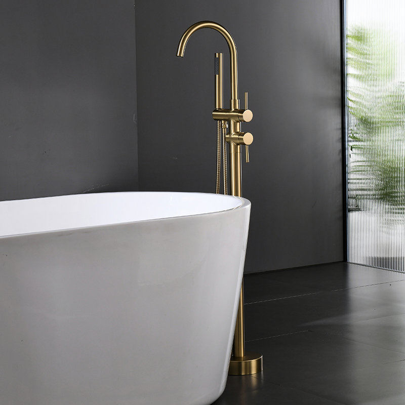 Robinet de baignoire autoportant en or brossé avec douche détachable - Robinet de baignoire en céramique, poignée, robinet à poignée simple de style antique portable or, fixation au sol,