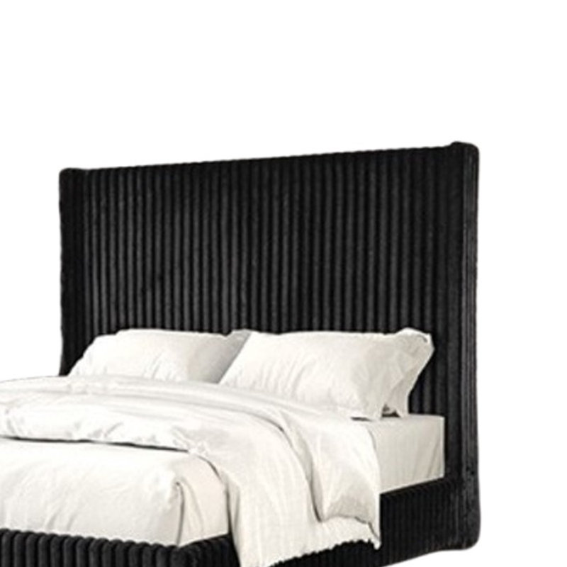 Wolo King Bed, Black Fur Chenille Ribbed Upholstery, Wing Headboard, Black, King