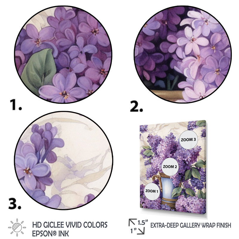 Fleurs de lilas mauves parfumées sur toile, Cadre flottant doré, H 20 po x l 12 po x P 1 po