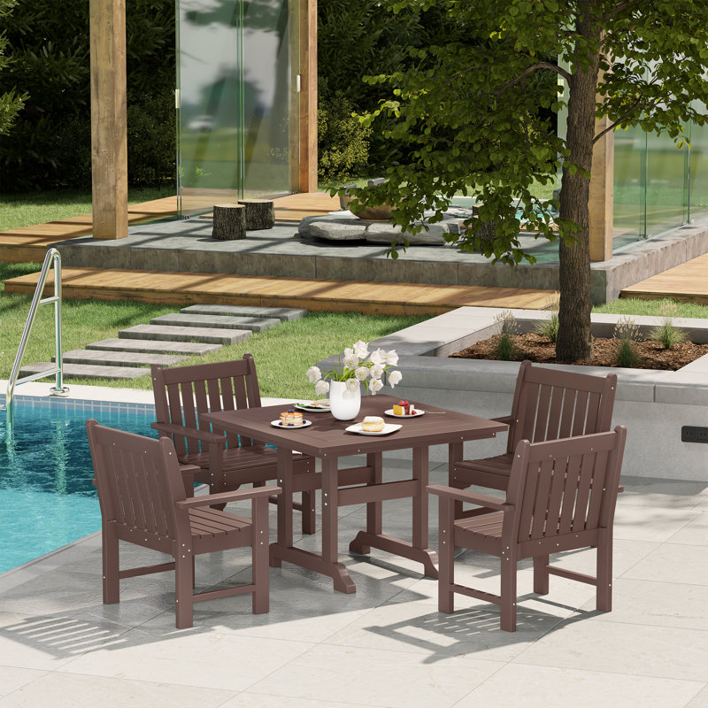 Laguna Poly 5-Piece Square Table Garden Arm Chair Dining Set, Dark Brown