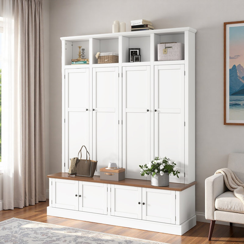 Farmhouse Hall Tree With Bench, Coat Rack, Open Compartments, 4 Cabinets And Enclosed Storage Spaces, White