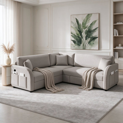 85.1" L-Shaped Sherpa Sleeper Sofa with USB & Side Pocket