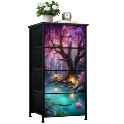 Rustic Dresser for Bedroom with 4 Storage Drawers Enchanting Cherry Blossom Tree Lanterns Calm Reflecting Pond Dressers Chest of Drawers Steel Framed Fabric Closet Organizers for Dorm Entryway