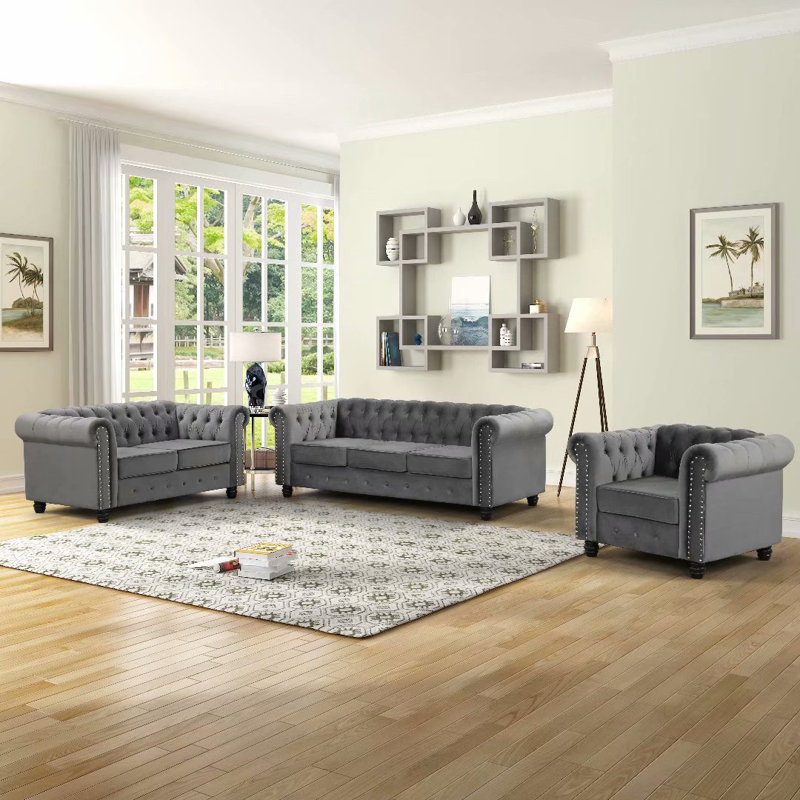 Ensemble de salon 3 pièces Agisilaos, Velours gris