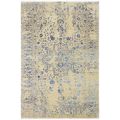 Tapis bleu foncé / beige noué à la main de haute qualité