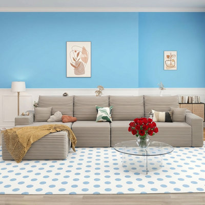 135" L Shaped Cloud Sectional Couch for Living Room, Modular Floor Deep-Seat Sofa, Big Comfy Corduroy Couches Set with Fluffy Memory Foam for Living Room Bedroom, No Assembly Required
