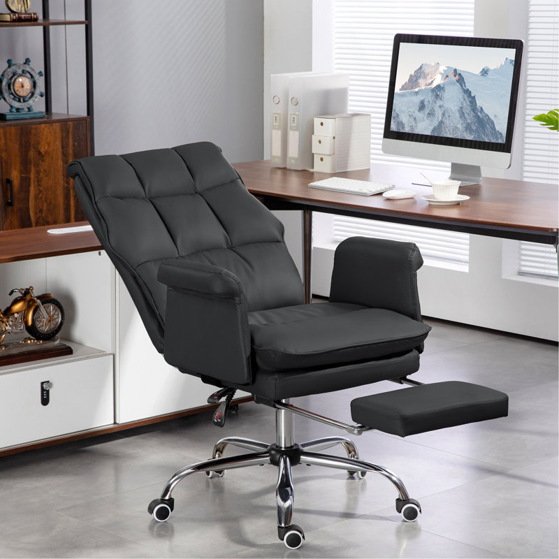 Fauteuil de direction, siège de bureau ergonomique en similicuir avec repose-pieds, fauteuil inclinable et pivotant, Noir