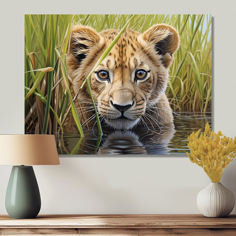 «Endearing Lion Cub By The River - Lion Animal», reproduction d'art murale, Sans cadre, métal, H 12 po x l 20 po