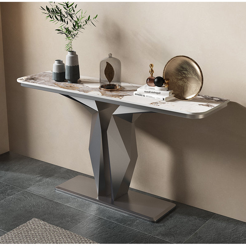 Console moderne géométrique avec base sculpturale, H 31,5 po x l 47,24 po x P 11,81 po, Blanc / Gris