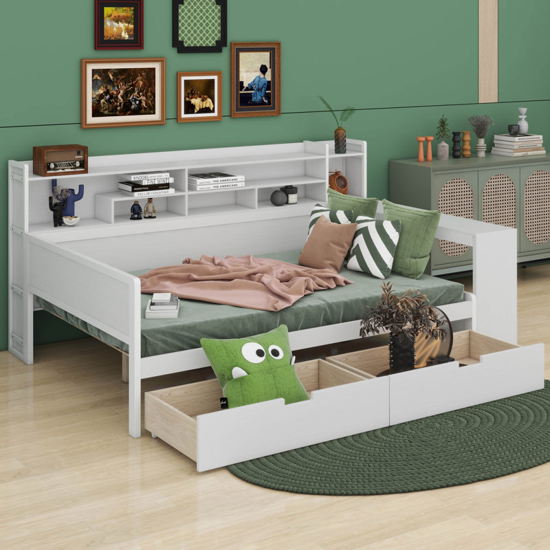 Vrishin Wooden Full Size Multi-functional Bed with Two Storage Drawers and Study Desk, Antique White