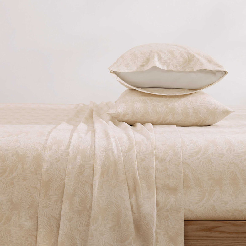 Tommy Bahama La Vida Stripe Cotton Sheet Set, Queen Sheet Set with 2 Pillowcases, Beige Palm Leaf