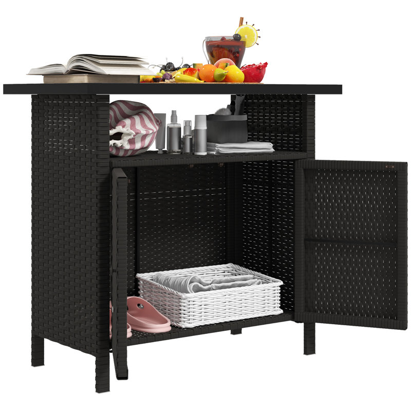 Outsunny Wicker Outdoor Storage Cabinet, Rattan Outdoor Bar Table with 2 Doors and Shelf, Outdoor Buffet Cabinet Sideboard with Metal Slatted Countertop for Poolside, Patio, Backyard