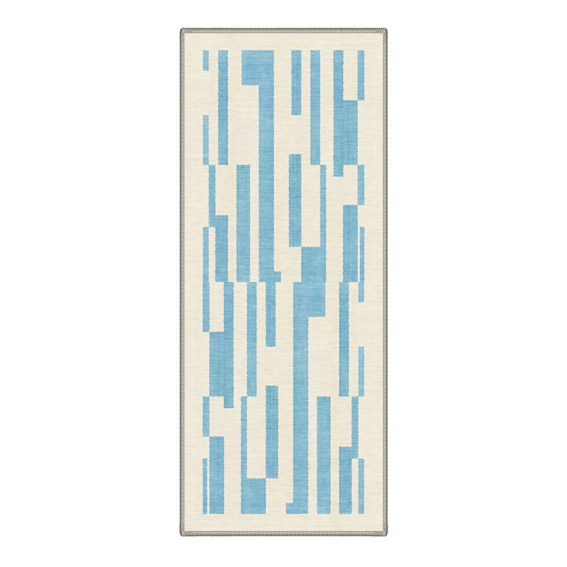 Vectra Modern Machine Washable Blue / Beige Indoor Area Rug with Non-Slip Backing, Runner 2' x 6'